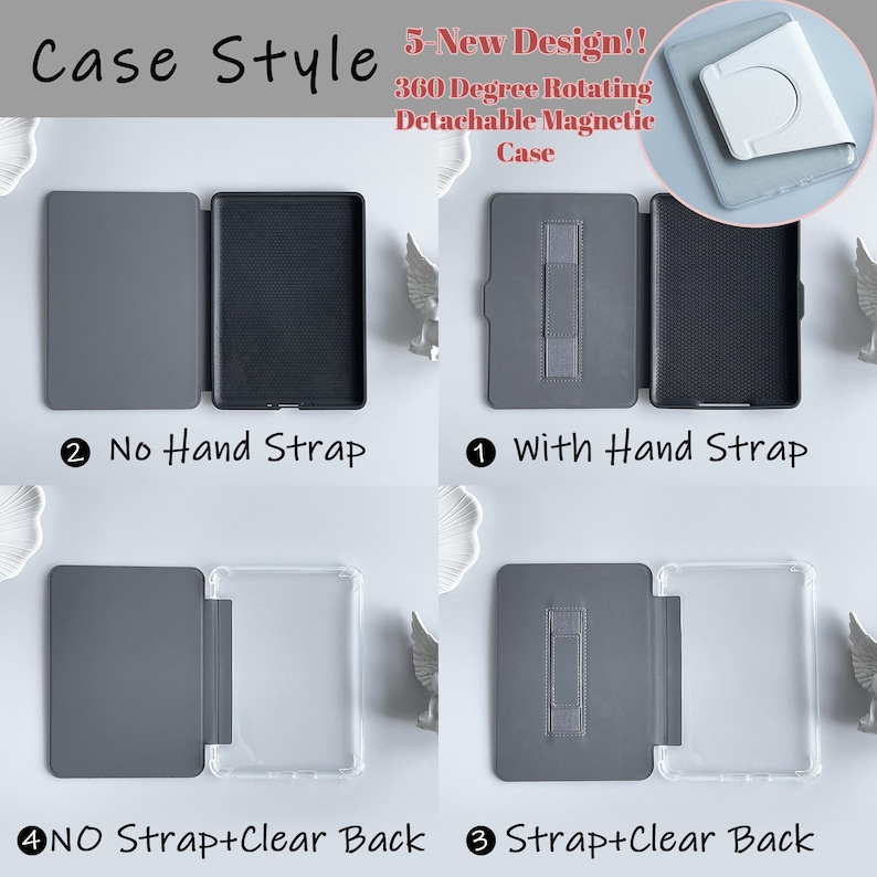 Puede incluir: Imagen que muestra varios dise&ntilde;os de fundas para tabletas. Las fundas son grises y negras, con opciones que incluyen correas de mano y respaldos transparentes. El texto incluye "Case Style" y "5 New Design!! 360 Degree Rotating Detachable Magnetic Case."