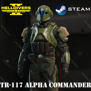 Puede incluir: Un disfraz de Comandante Alpha TR-117, con armadura verde y beige, casco y visera azul. La imagen incluye los logotipos "HELLDIVERS" y "STEAM", y el texto "TR-117 ALPHA COMMANDER".