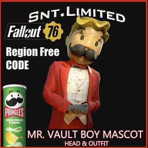Puede incluir: Imagen con una mascota de Mr. Vault Boy con un traje rojo y una lata de Pringles. El texto incluye "Fallout 76" y "Region Free CODE". La mascota tiene cabello rubio y un gran bigote. La lata de Pringles es verde con el logo.