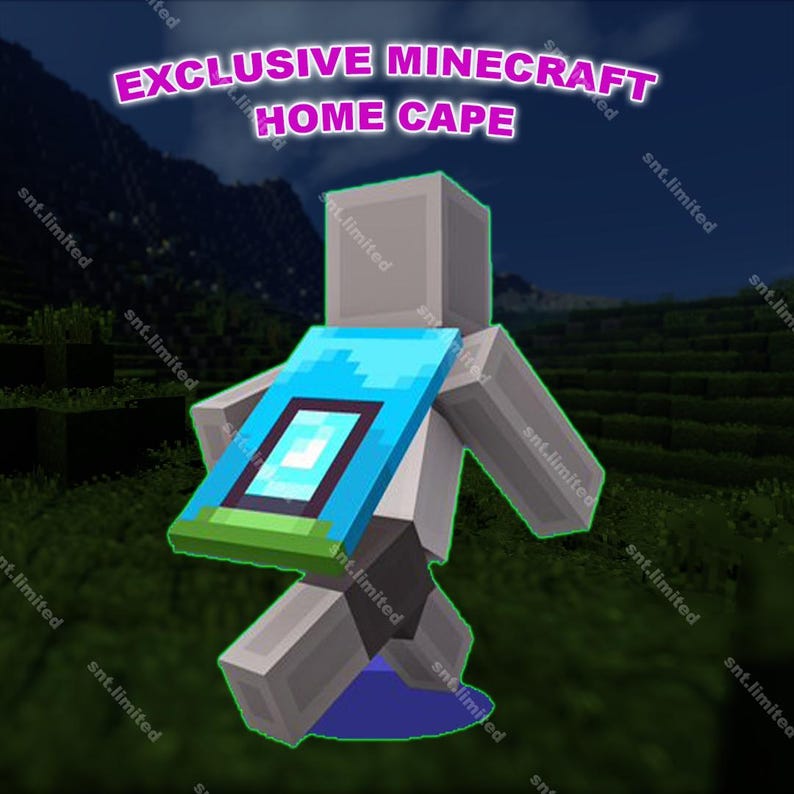 K&ouml;nnte beinhalten: Ein grauer Minecraft-Charakter tr&auml;gt einen blauen Umhang mit einem gr&uuml;n-wei&szlig;en Design. Der Umhang hat ein gro&szlig;es fensterartiges Design in der Mitte. Der Text "EXCLUSIVE MINECRAFT HOME CAPE" befindet sich oben im Bild.
