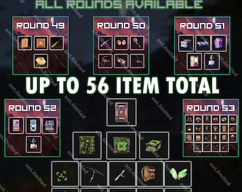 Könnte beinhalten: Eine digitale Grafik für Rust Twitch x Kick mit Artikelsammlungen von Round 49 bis Round 53. Die Anzeige zeigt verschiedene Spielgegenstände in Rasterfeldern, darunter Waffen, Werkzeuge und Ausrüstung, mit dem Text Up To 56 Item Total.