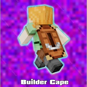 Può includere: Un personaggio di Minecraft che indossa una camicia verde chiaro e pantaloni marroni, caratterizzato da un mantello marrone con una striscia centrale marrone scuro e un accento bianco curvo. Il personaggio ha capelli biondi su sfondo viola.
