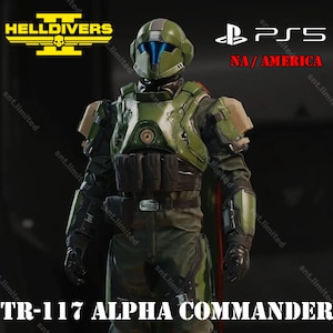 May include: A green and black video game character wearing a helmet with a blue visor. The character is standing in front of a black background with the text "HELLDIVERS II" and "PS5 NA/AMERICA" in white.