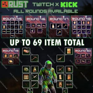 Paquete MEGA de 69 artículos de Rust: Twitch Drops + Kick Drops (Twitch Rounds 45 - 50 + Kick Rounds 1 - 2) / Solo en Steam
