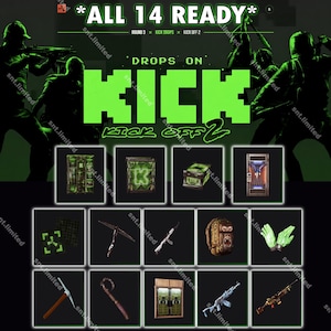 Puede incluir: Un gráfico digital con el texto ALL 14 READY, DROPS ON KICK y KICK OFF 2 en verde brillante. Debajo, una cuadrícula muestra catorce objetos de juego distintos, incluyendo varias armas, una mochila con cara de gorila y guantes verdes.