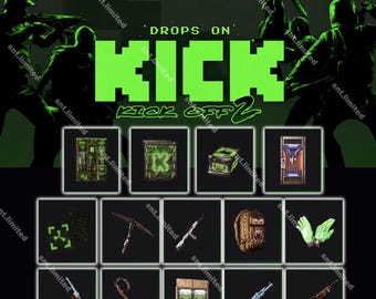 Könnte beinhalten: Eine digitale Grafik mit dem Text ALL 14 READY, DROPS ON KICK und KICK OFF 2 in leuchtendem Grün. Darunter zeigt ein Raster vierzehn verschiedene Spielgegenstände, darunter diverse Waffen, einen Rucksack mit Gorillagesicht und grüne Handschuhe.
