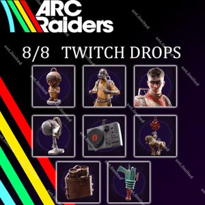 Può includere: Immagine promozionale per "ARC Raiders" con otto Twitch Drops. L'immagine mostra vari oggetti, tra cui statuette, un ventilatore, un impianto da DJ, un ciondolo a forma di cavallo e una pistola a raggi, su uno sfondo scuro con il logo del gioco.
