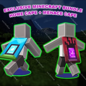 以下が含まれることがあります： マインクラフトのキャラクター2人がマントを着ています。左側のキャラクターは、薄い青色のダイヤモンド模様の青いマントを着ています。右側のキャラクターは、濃い紫色の模様の赤いマントを着ています。