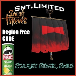 Op de afbeelding: Afbeelding van een zwart zeil met een rood ontwerp, onderdeel van een scheepsmast. De tekst "Sea of Thieves" en "Scarlet Stack Sails" zijn zichtbaar. Een blikje Pringles sour cream & onion chips is ook aanwezig.