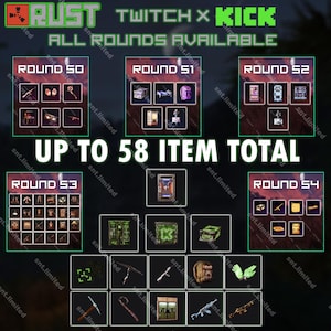 Puede incluir: Un gráfico digital para Rust Twitch x Kick que presenta colecciones de artículos etiquetadas de Round 50 a Round 54, con el texto All Rounds Available y Up To 58 Item Total. La pantalla incluye varios iconos de juego, armas y equipo.