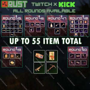 Op de afbeelding: Een promotionele afbeelding voor Rust Twitch x Kick, met itemselecties van rondes 45-50. De afbeelding toont verschillende in-game items, met de tekst "UP TO 55 ITEM TOTAL" en "ALL ROUNDS AVAILABLE". De achtergrond is donkergroen.