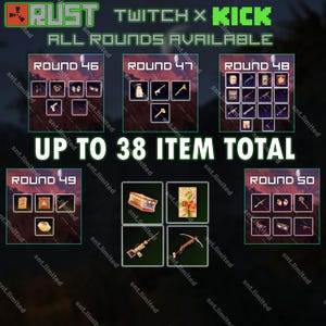 Paquete MEGA de 38 artículos de Rust: Twitch Drops + Kick Drops (Twitch Rounds 46 - 50 + Kick Rounds 2) / Solo en Steam