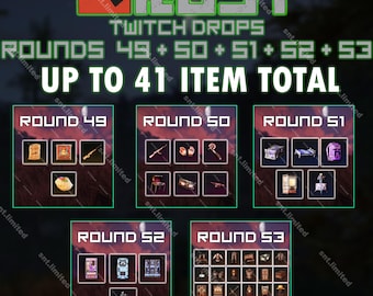 Könnte beinhalten: Eine digitale Grafik für Rust Twitch Drops mit dem Text RUST TWITCH DROPS ROUNDS 49 + 50 + 51 + 52 + 53 UP TO 41 ITEM TOTAL. Das Bild zeigt fünf separate quadratische Felder mit verschiedenen Spielgegenständen, sortiert nach Rundennummer.