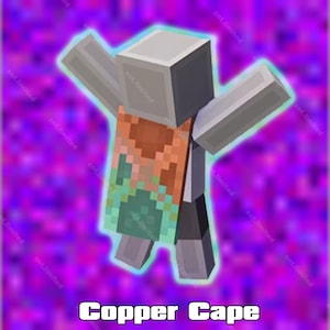 Peut inclure: Un personnage pixélisé avec une cape cuivrée, les bras tendus, sur un fond violet vibrant. La cape présente un motif pixélisé avec des nuances d'orange, de vert et de bleu. Le texte "Copper Cape" est en bas.