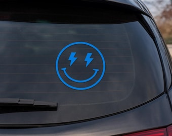 Smiley Face Car Decal 4x4 – Lightning Bolt Eyes Vinyl Sticker for Water Bottles & Laptops