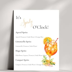 Spritz-Getränke-Schild, Signature-Getränk, Spritz O’Clock, Barkarte, Spritz Party, bearbeitbare Canva-Vorlage