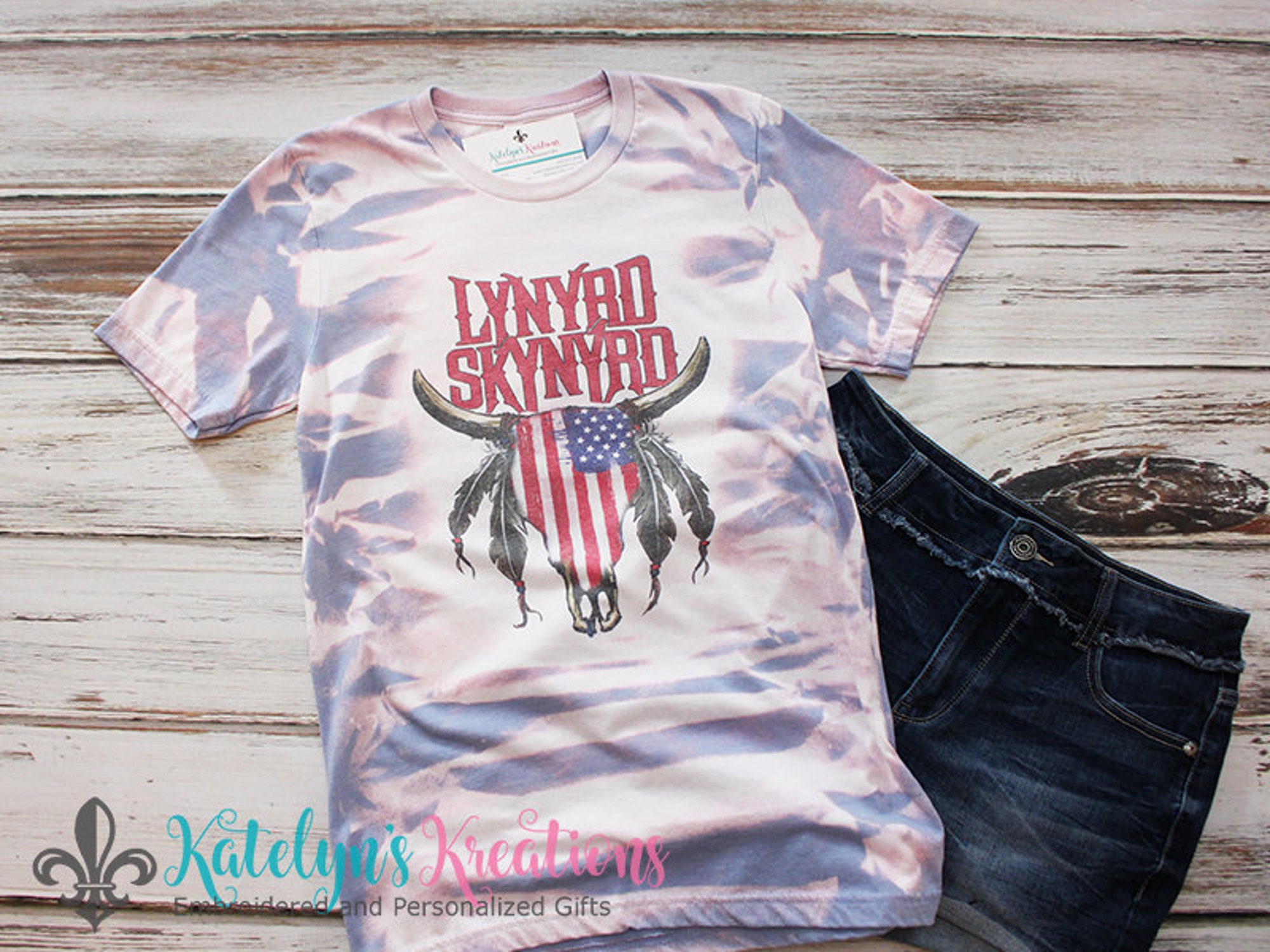 Lynyrd Skynyrd with American Flag Skull Bleached Ladies T-Shirt 3D