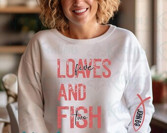 Five Loaves and Two Fish, John 6:9 - Adult Crewneck Sweatshirt with Sleeve Print