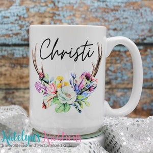 Floral Watercolor Antlers - 15oz Ceramic Personalized Mug