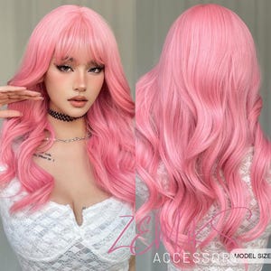 ピンク 24 インチ ロング カーリー 合成ウィッグ 前髪付き 女性用 デイリー パーティー コスプレ ハロウィン ウィッグ