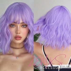 14 Inch Purple Wavy Synthetic Wig With Bangs Short Bob Purple Wigs Curly Wavy Shoulder Length Cosplay Wig Daily Colorful Wig