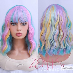 Multicolor Rainbow Wig Short Bob Wig With Bangs Curly Wavy Synthetic Wig For Women Girls Heat Resistant Synthetic Wigs For Daily