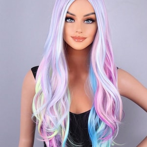 Women&#39;s Long Curly Wave-style Hair Extensions With Straight Bangs, Colorful Mixed Curl Wig Cap