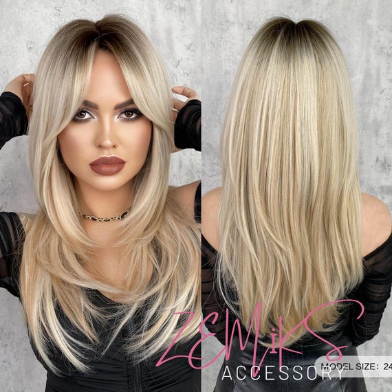 Long Straight Blonde Wigs With Curtain Bnags for Women Middle Part