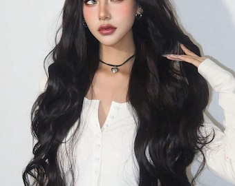 30 Inch Black Long Wigs With Bangs For Women Natural Looking Wig Curly Wavy Natural Synthetic Soft Wig For Daily Party And School Wear Use