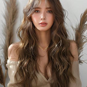 ファッショナブルなロングウェーブ28インチブラウンウィッグ、前髪付き。合成毛、エレガント、カジュアル、耐熱、パーティー、日常使い