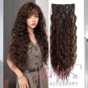 クリップインヘアエクステンション ライトブラウン 16クリップ 22インチ ロングカーリーヘアエクステンション 女性用 フルヘッド 合成ヘアエクステンション ヘアピース