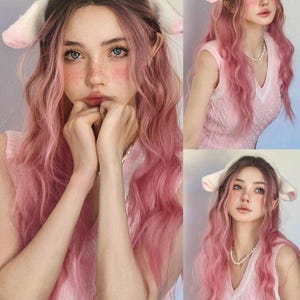 24インチ オンブル ピンク ウィッグ 女性用 ダークルーツ ピンク パープル ロング カーリー 合成ウィッグ 毎日のパーティーや学校で着用できるウィッグ
