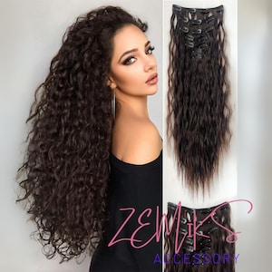 クリップインヘアエクステンション ブラウンカラー 16クリップ 22インチロングカーリーヘアエクステンション 女性用 フルヘッド 合成ヘアエクステンション 7個セット