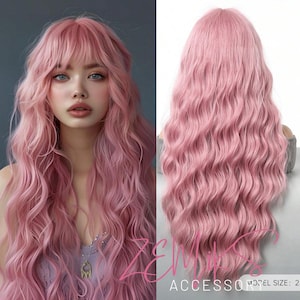 Heat Resistant Wave Curly Fringe Wig Pink 28 &quot;Synthetic Wig Positive Definite Wig Natural Authentic Breathable Party Daily Festival Elegant