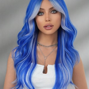 NICKY WALL ロング ブルー ウィッグ ミックス ハイライト グレー ウェーブ カーリー ウィッグ ナチュラル 高品質 合成 耐熱 ファイバー ウィッグ 女性用