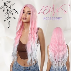 One Piece Party Style Ombre Pink 28 Inch Long Curly Water Wave Synthetic Wig Center Parted Women&#39;s Pink Hair Daily Cosplay Halloween Party