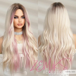 Fashionable blonde highlight Pink long Wavy Synthetic Wigs: Natural-looking and Heat Resistant for Halloween Christmas Party Cosplay Daily