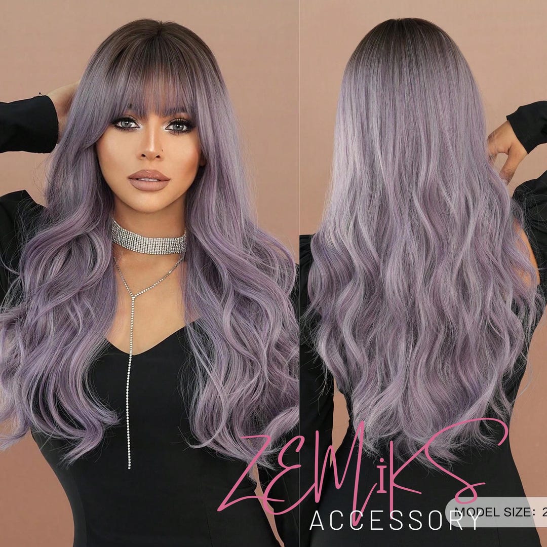 Long Brown Purple Mixed Wave Synthetic Wig With Bangs main image 1