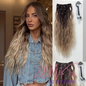 クリップイン ヘアエクステンション オンブル 16 クリップ 22 インチ ロング カーリー ヘアエクステンション 女性用 フルヘッド 合成ヘアエクステンション ヘアピース 7 個セット