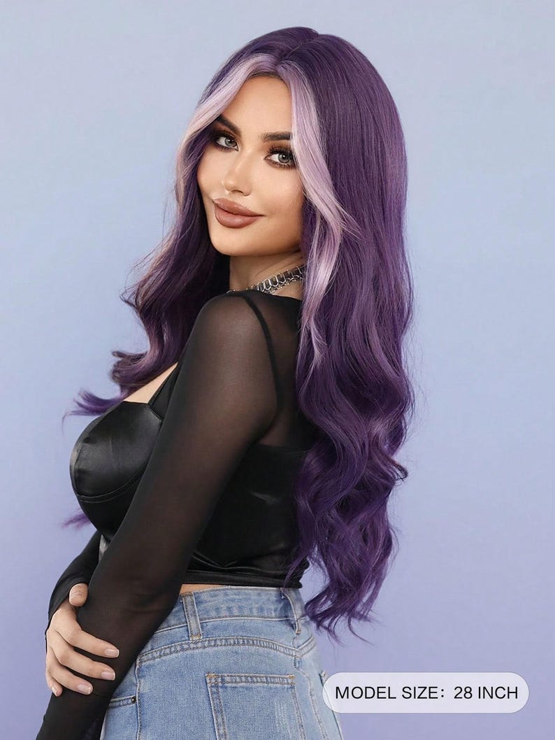 Purple Side Part Purple Long Body Wavy Wig Middle Part Violet Wig With Skunk Stripe ...