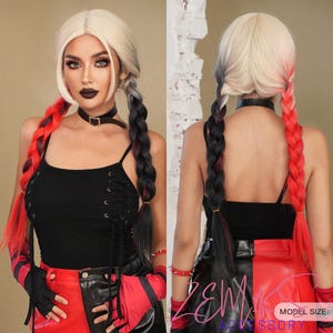 Harley Qui Black Red Cosplay Wig With Braids Long Wig Synthetic Heat Resistant Fibre  For Women Girls Halloween Costume Party Use 30 Inch