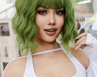 Limettengrüne Bob-Perücke Mit Pony – 30 Cm, Hitzebeständig & Verstellbar – Für Frauen & Mädchen