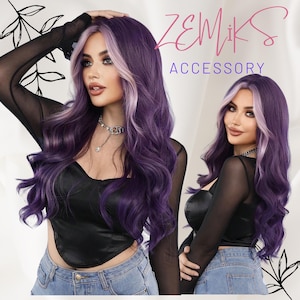 Purple Long Body Wavy Wig Middle Part Violet Wig With Skunk Stripe Loose Synthetic Wigs For Women Daily Party Cosplay Use 28 Inch