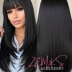 26 Inch Black Natural Long Straight Hair With Bangs Synthetic Wig For Daily Party Use