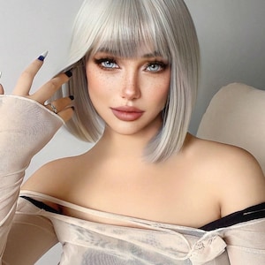 Synthetic Heat Resistant Straight Hair With Bangs Wig Silver 12 Inch Fully Machine Woven Daily Natural Realistic Wig