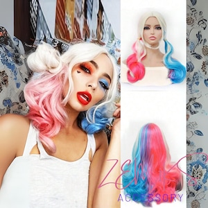 Blonde Red Blue Long Curly Wavy Hair Wig Middle Parting Synthetic Hair Replacement Wig For Women Girls Cosplay Halloween Costume Masquerade