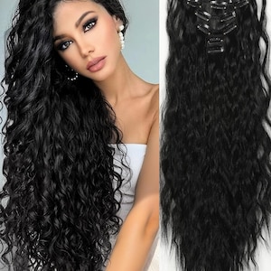 クリップイン ヘアエクステンション ブラックカラー 16 クリップ 22 インチ ロング カーリーヘアエクステンション 女性用 フルヘッド 合成ヘアエクステンション ヘアピース 7 個