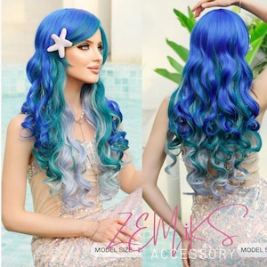 Mermaid Wig Ombre Blue Wig Mixed Purple Long Wavy Middle Part Colorful Wigs For Women Party Heat Resistant Synthetic Cosplay Costume Wig
