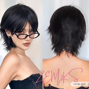 Short Mullet Head Wigs With Bangs Synthetic Straight Women Black Short Hair Wig For Daily Party Cosplay