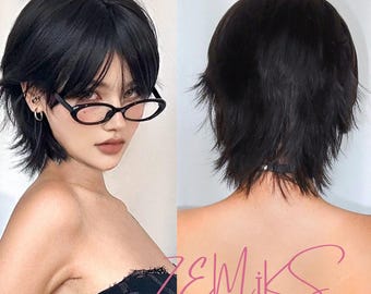 Short Mullet Head Wigs With Bangs Synthetic Straight Women Black Short Hair Wig For Daily Party Cosplay